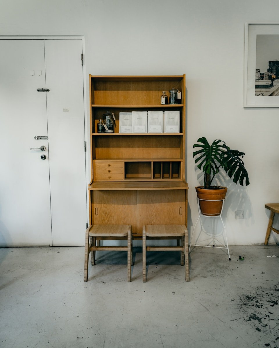 brown wooden shelf beside green potted plant