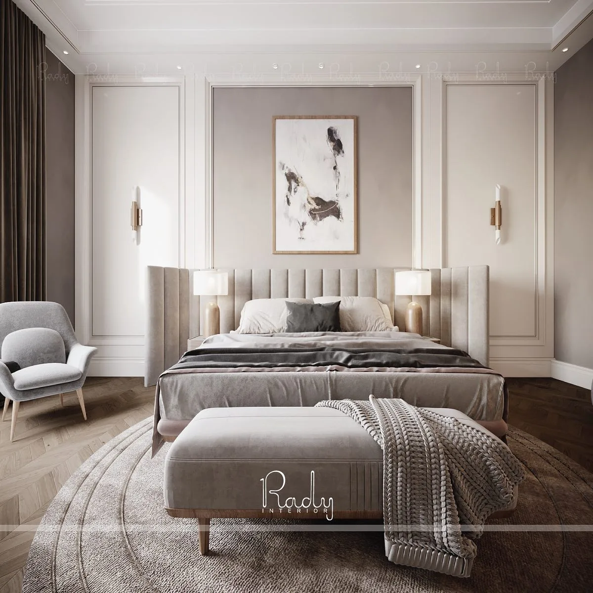 Curated artistic decor and sculptural accents displayed on a nightstand.