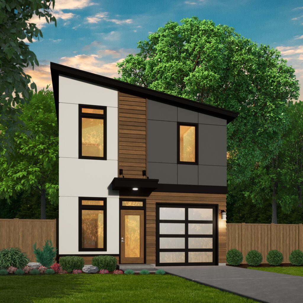 Interior view of a narrow lot house showing an open plan layout and strategic window placement for natural light.