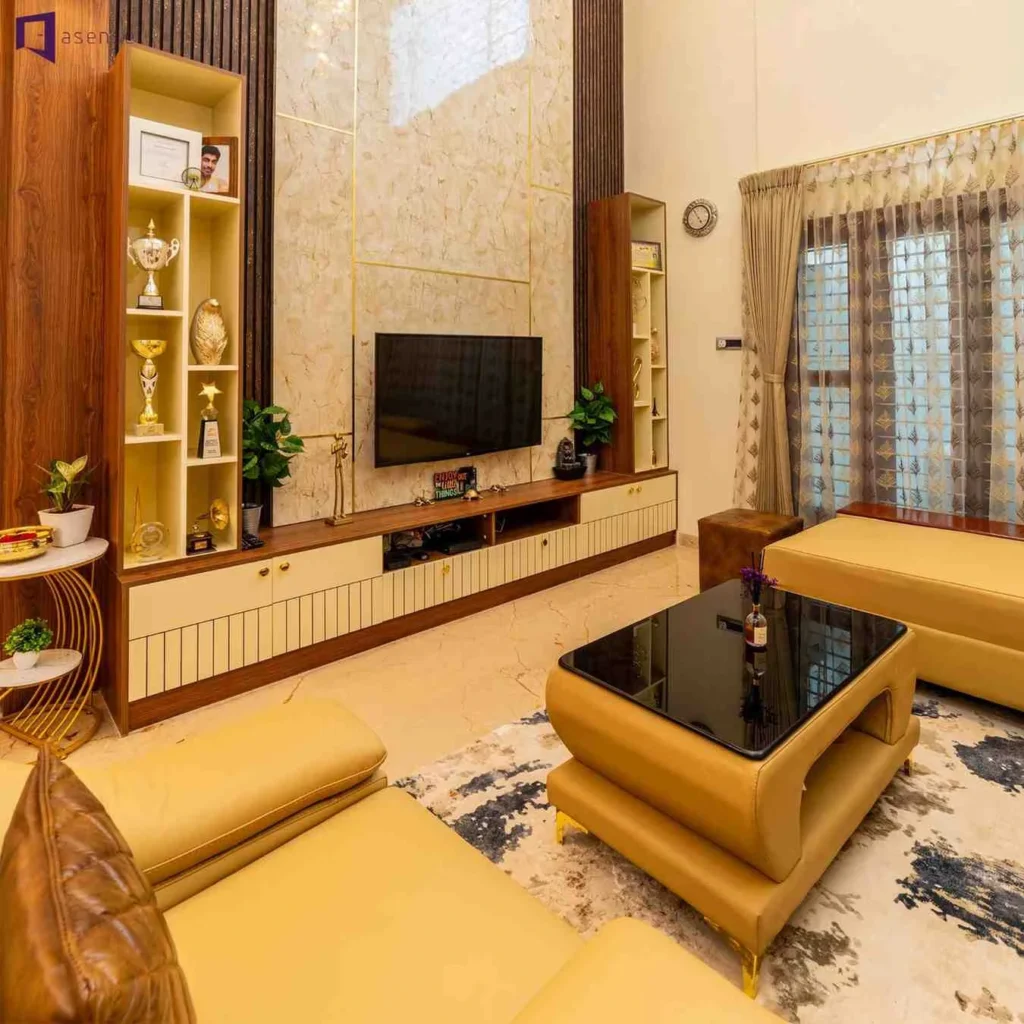 A modern living room painted in a soft, trending color that provides warmth and sophistication