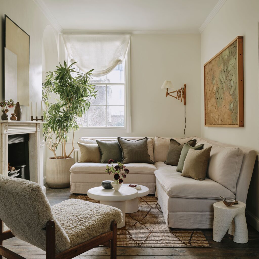 Affordable throw pillows and patterned rug complementing a high-end sofa