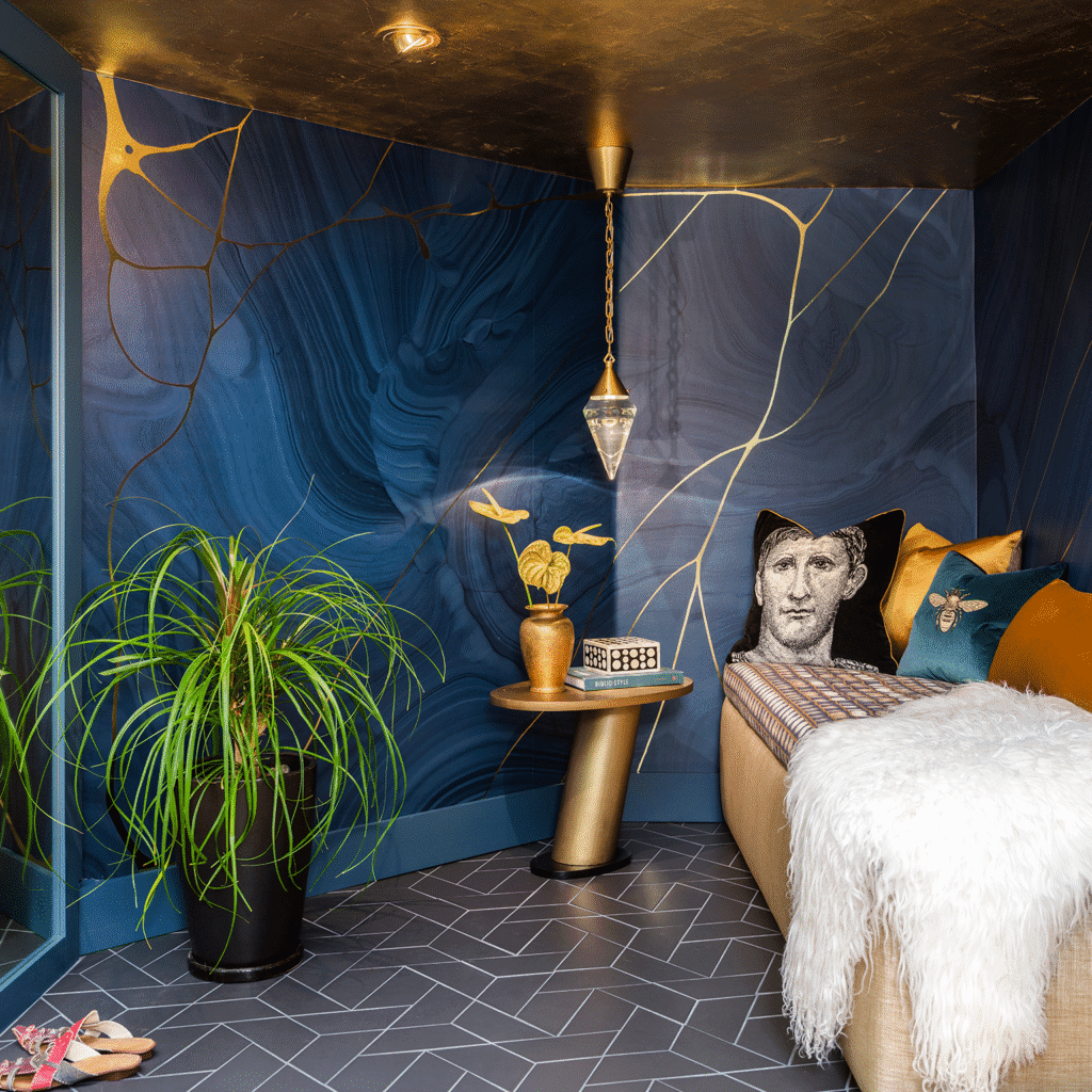 A sophisticated white velvet statement sofa anchoring a modern living room